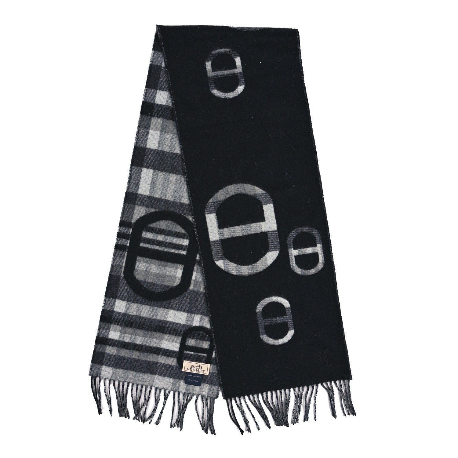 Hermes Cashmere Tartan Maillons Muffler Black Grey 2 of 3