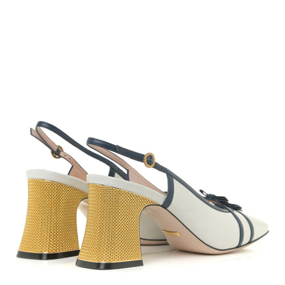 Gucci Malaga Kid Bow Bow Mid Heel Slingback Pumps 36.5 White Navy 5 of 16