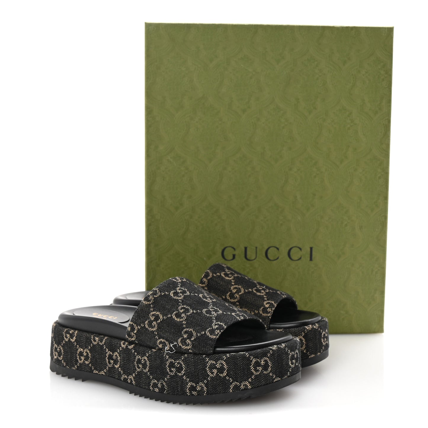 Jacquard Black Denim GG Monogram Angelina Platform 55mm Slide Sandals 37 Black Ivory