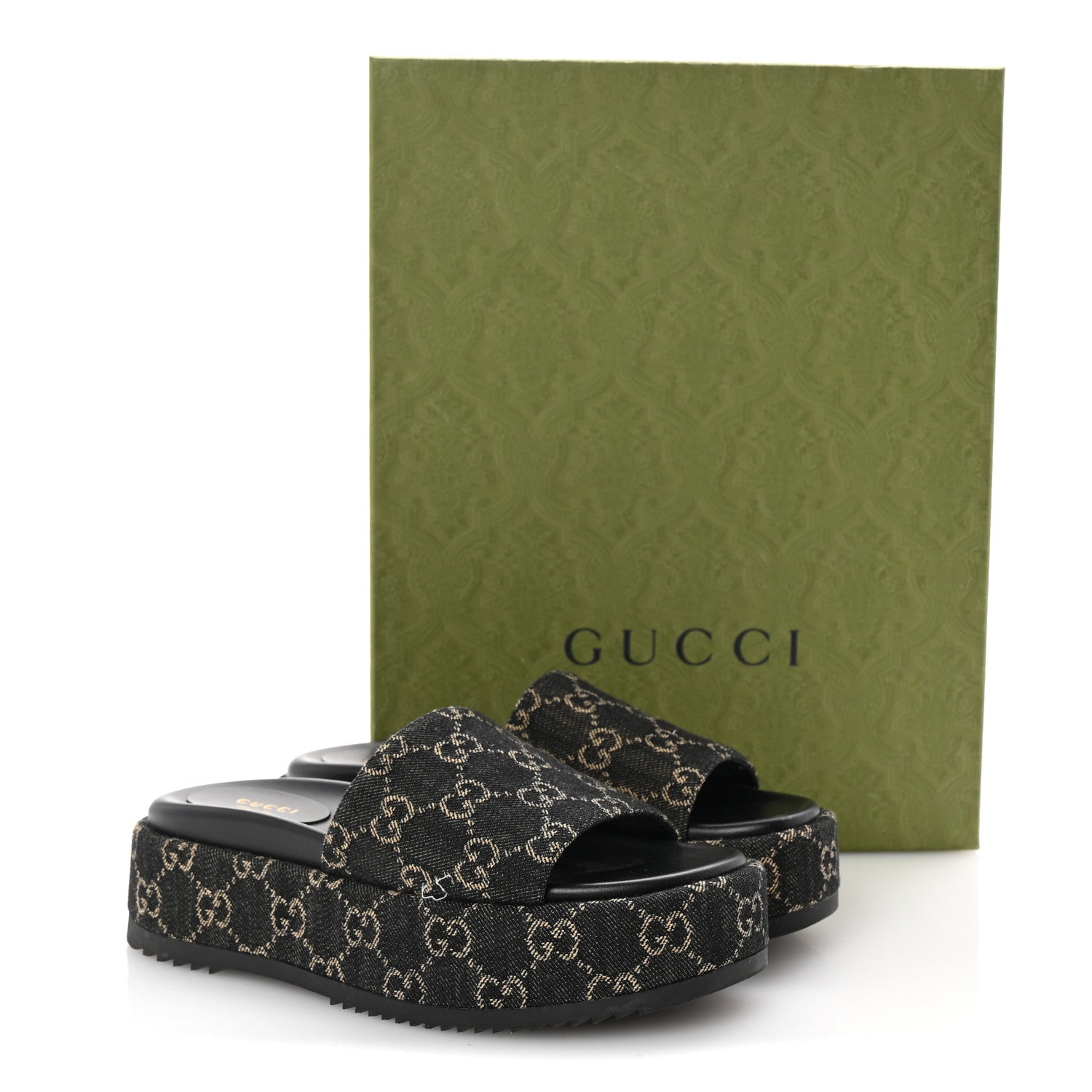 Gucci Jacquard Black Denim GG Monogram Angelina Platform 55mm Slide Sandals 37 Black Ivory 10 of 10