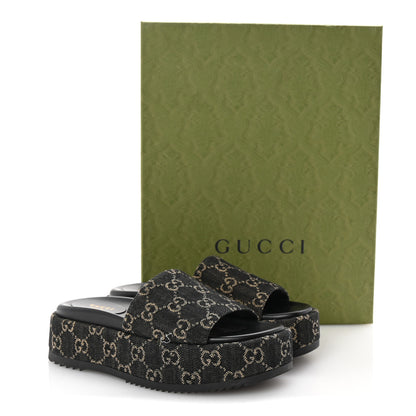 Gucci Jacquard Black Denim GG Monogram Angelina Platform 55mm Slide Sandals 37 Black Ivory 10 of 10