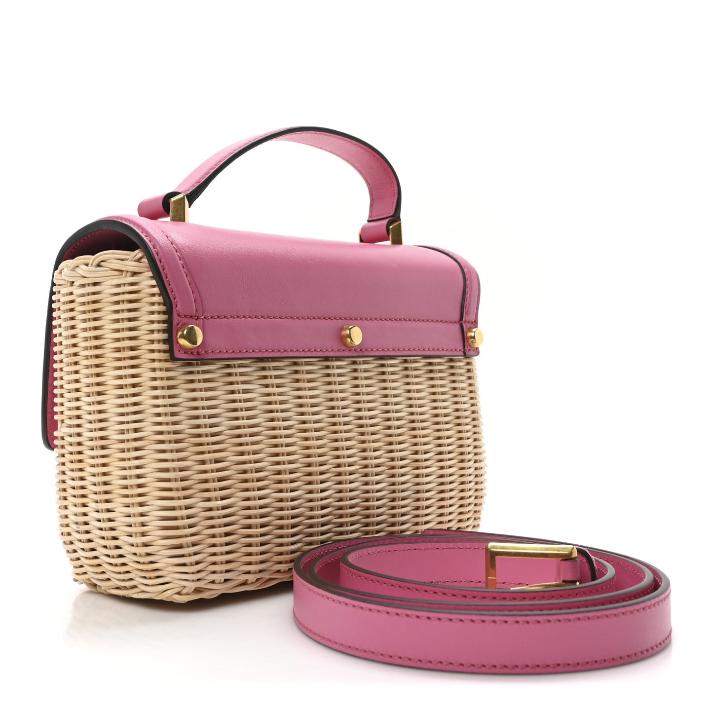 Wicker Calfskin Diamond Top Handle Bag Natural Pink
