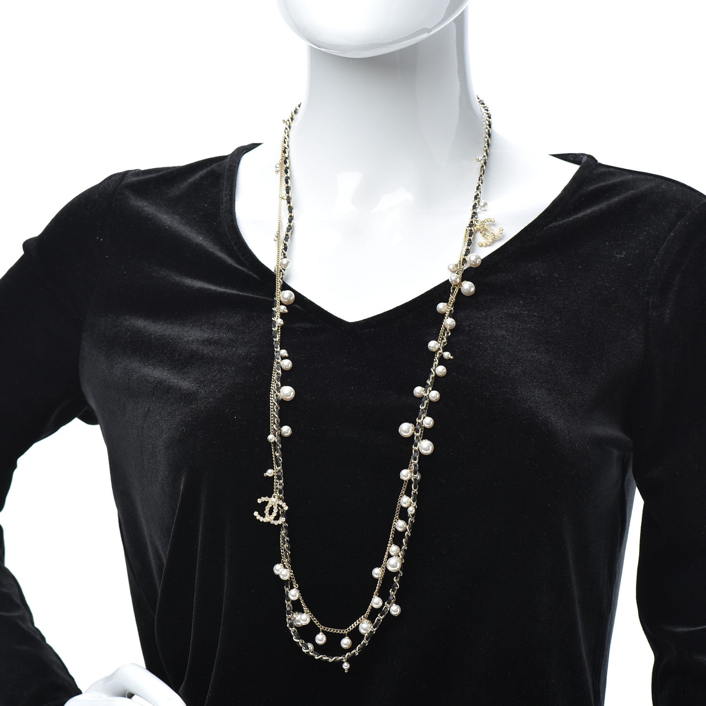 Lambskin CC Pearl Chain Necklace Black Gold
