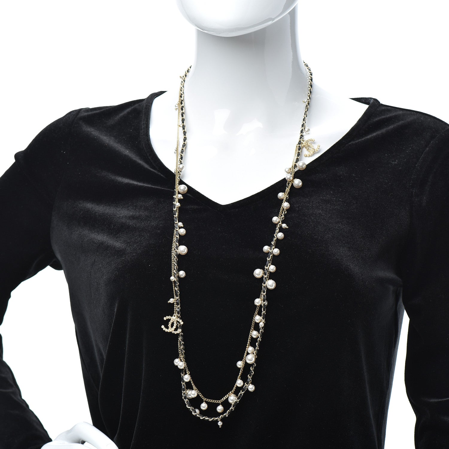Chanel Lambskin CC Pearl Chain Necklace Black Gold 2 of 4