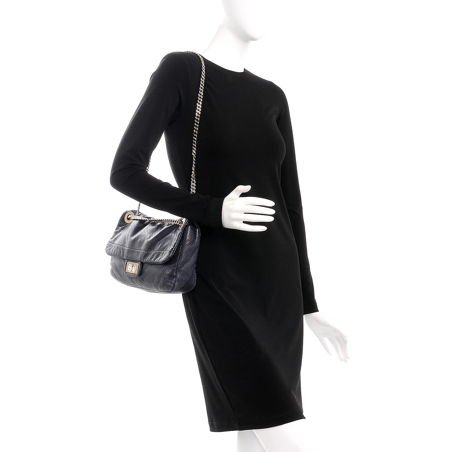 Chanel Calfskin Perforated Large Drill Flap Navy Blue 2 of 10
