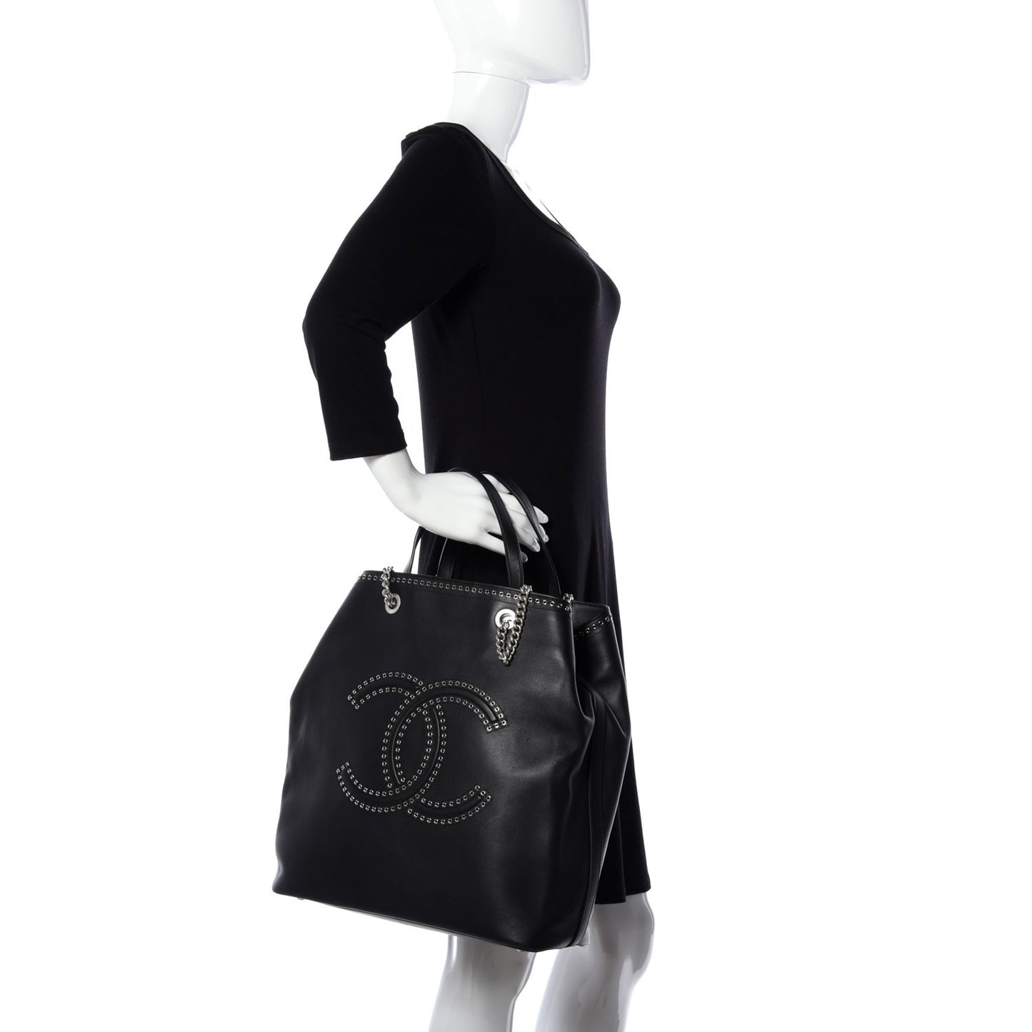 Calfskin Large Coco Eyelets Shopping Tote Black