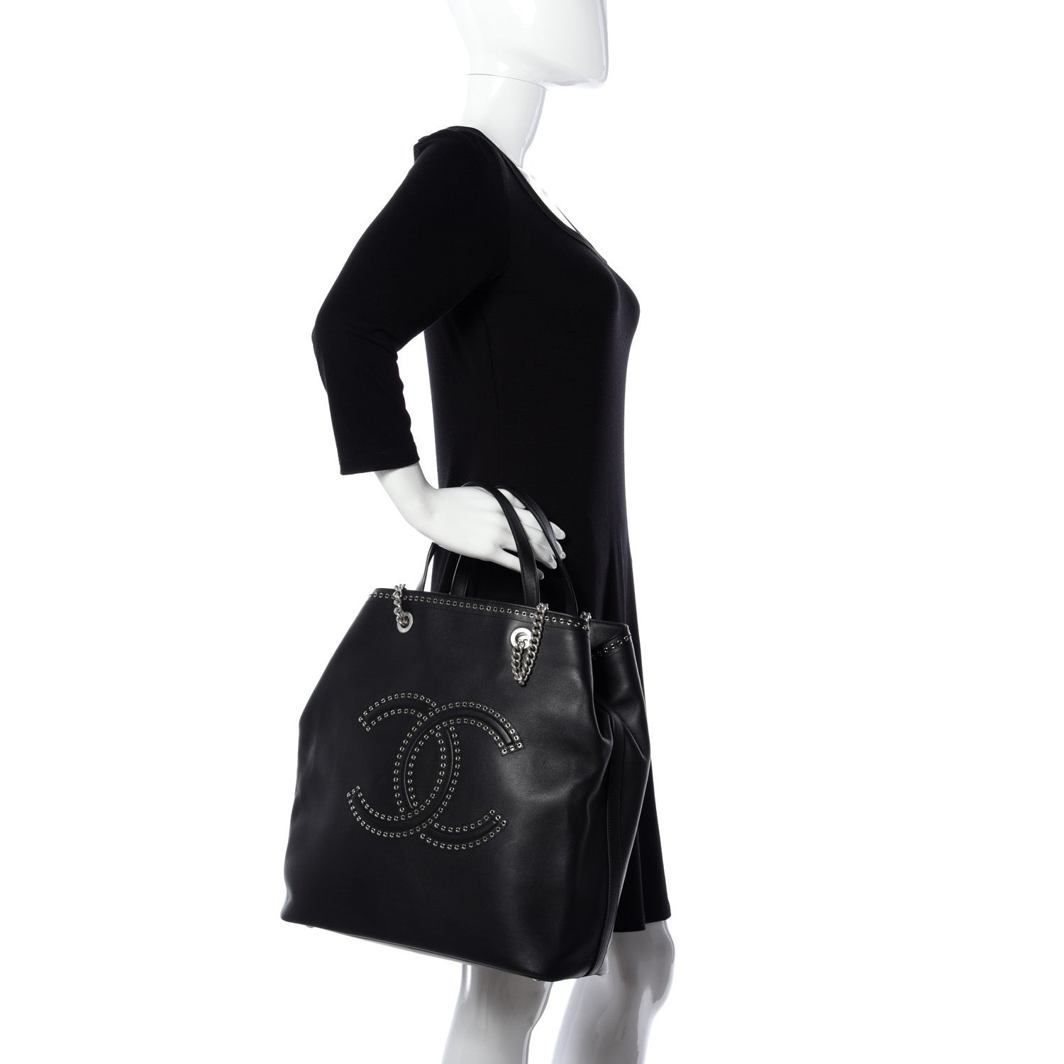 Chanel Calfskin Large Coco Eyelets Shopping Tote Black 3 of 10