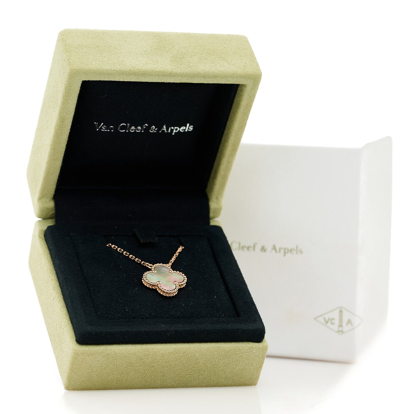 18K Rose Gold Gray Mother of Pearl Vintage Alhambra Pendant Necklace