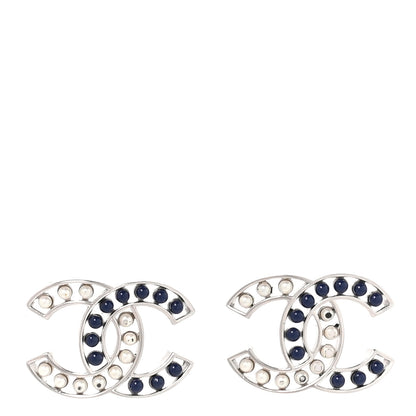 Chanel Pearl Beaded CC Earrings Silver White Blue 1 of 5