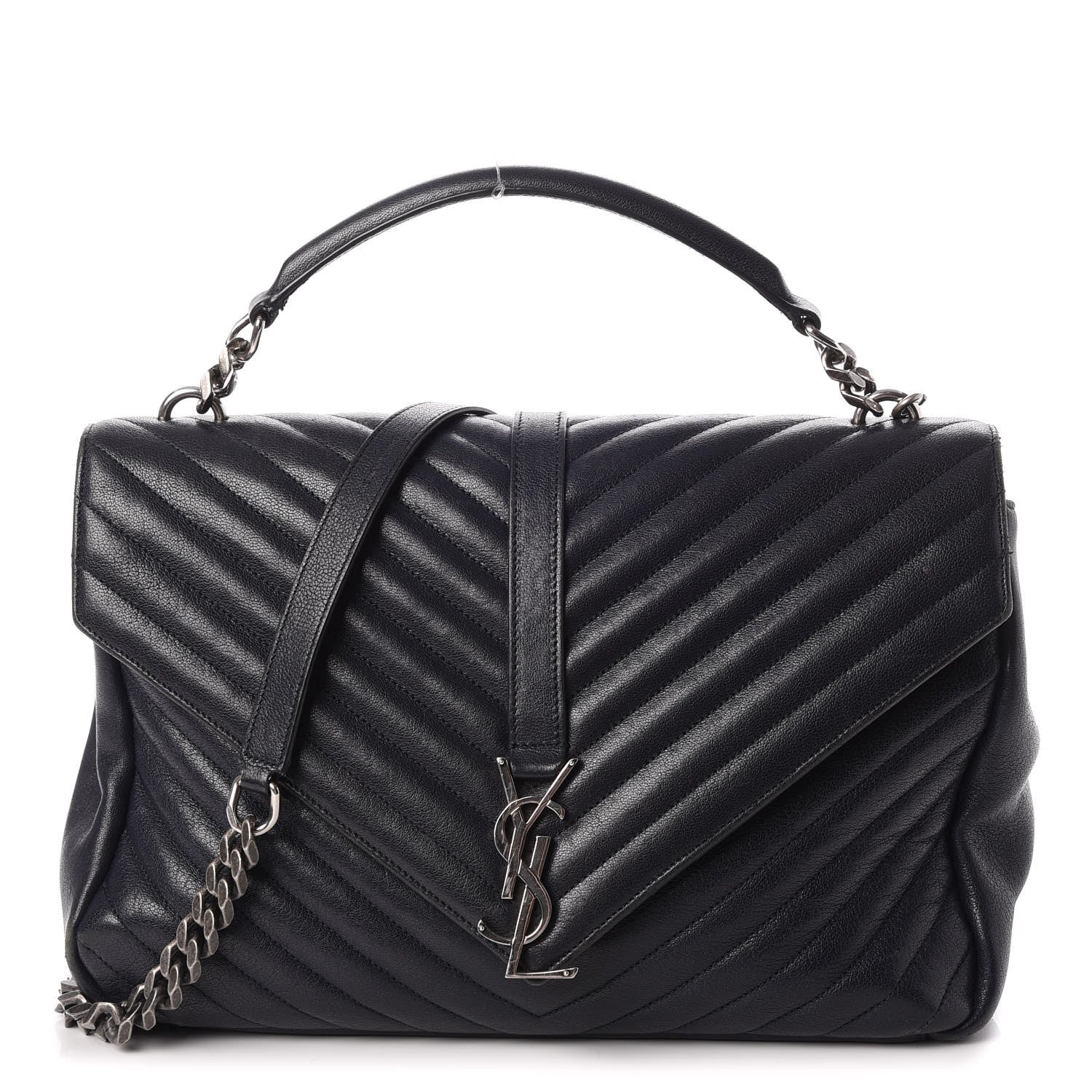 Saint Laurent Sheepskin Matelasse Chevron Monogram Large College Satchel Navy Blue 1 of 17