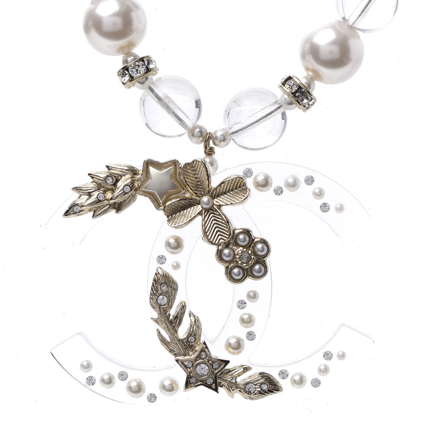 Resin Pearl Crystal CC Necklace Pearly White Transparent Gold