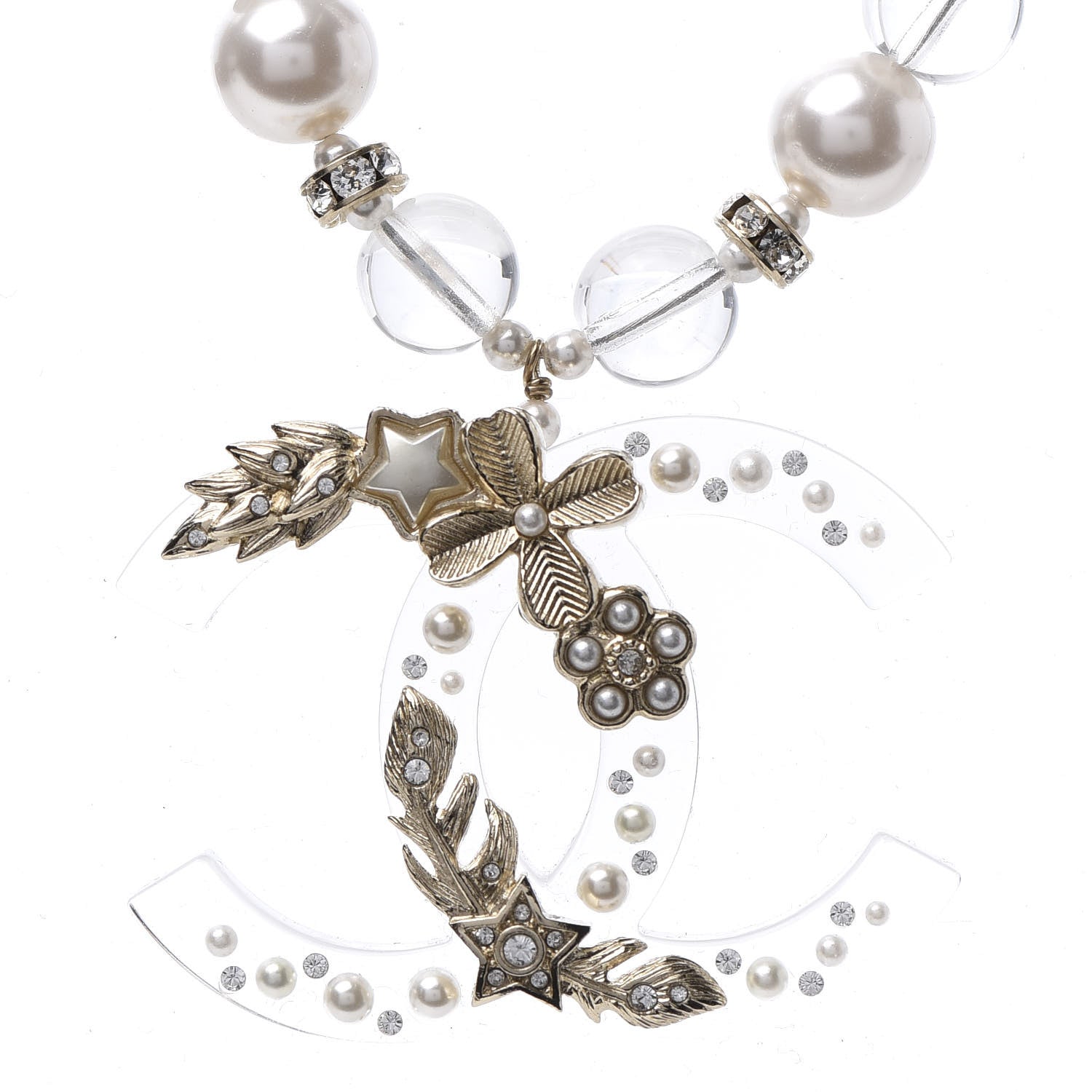 Chanel Resin Pearl Crystal CC Necklace Pearly White Transparent Gold 4 of 6
