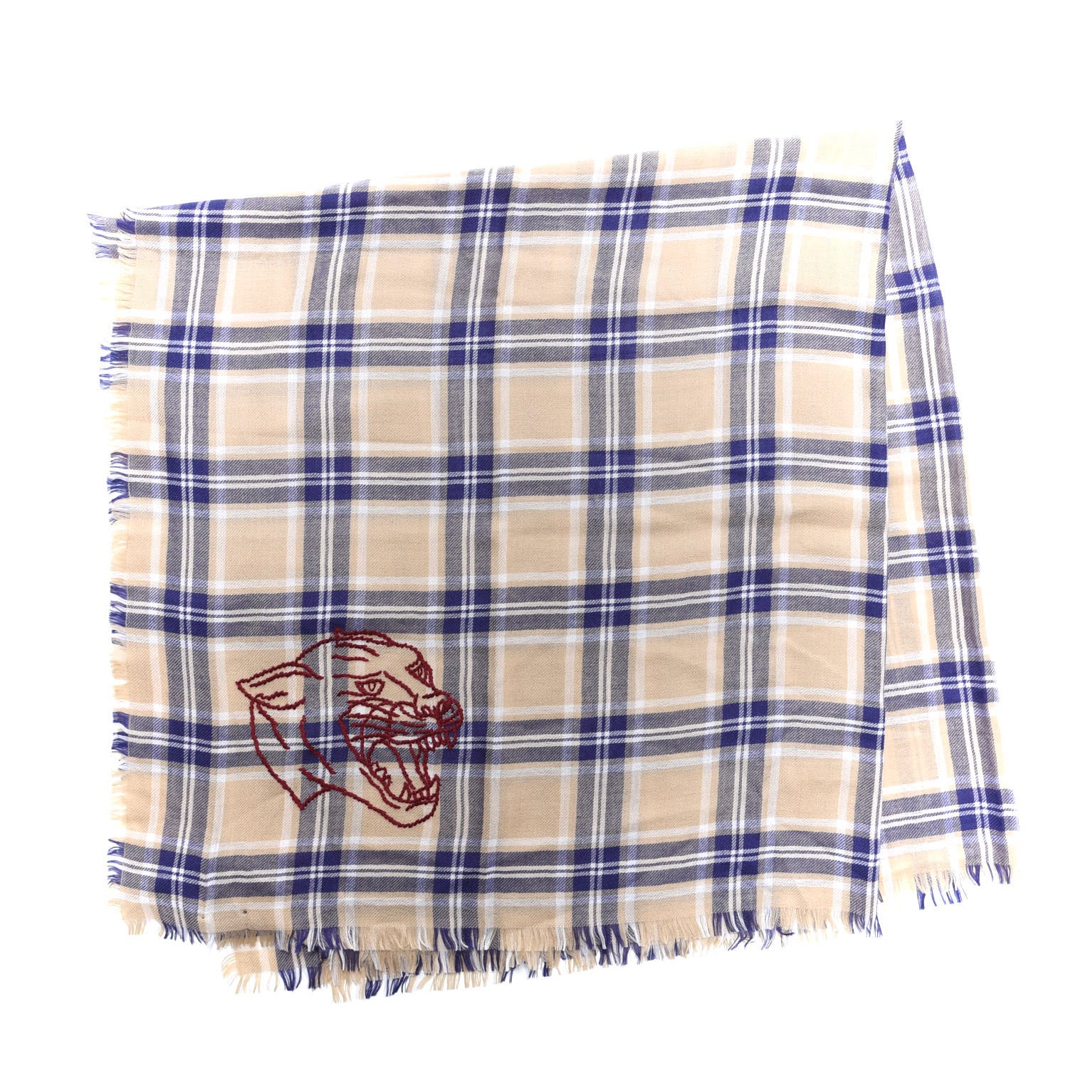 Gucci Wool Silk Check Scarf Beige Blue 2 of 3