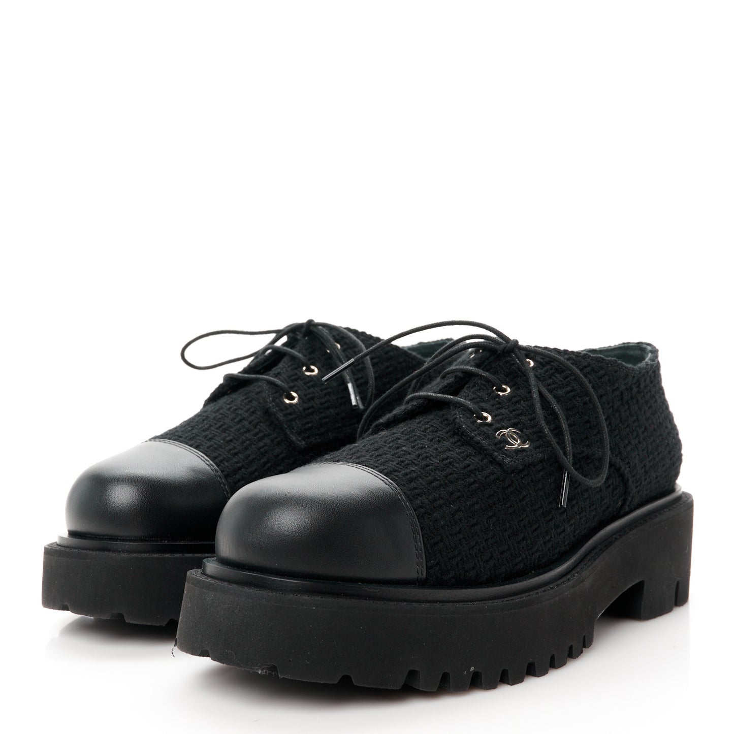 Wool Tweed Calfskin Lace-Up Loafers 38.5 Black