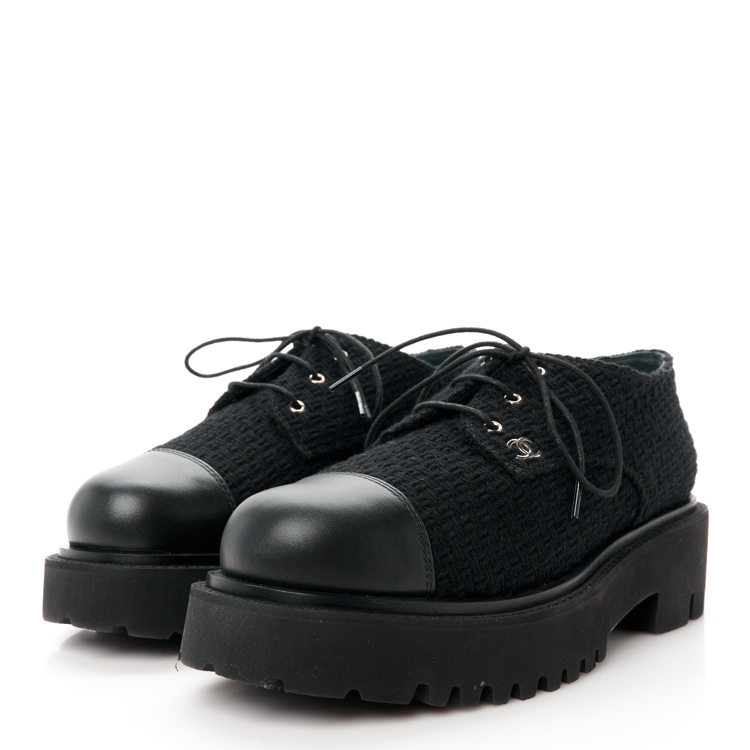 Chanel Wool Tweed Calfskin Lace-Up Loafers 38.5 Black 3 of 10