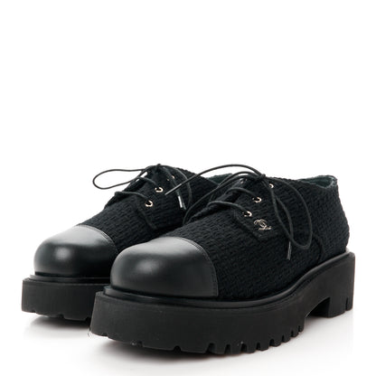 Chanel Wool Tweed Calfskin Lace-Up Loafers 38.5 Black 3 of 10