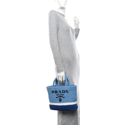 Prada Yarn Raffia Effect Crochet Small Logo Tote Celeste Blue 2 of 9