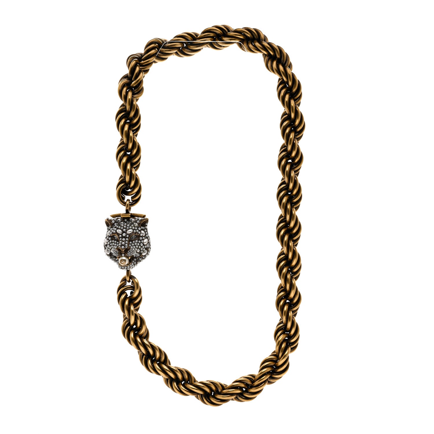 Gucci Metal Crystal Pearl Tiger Necklace Gold 3 of 5