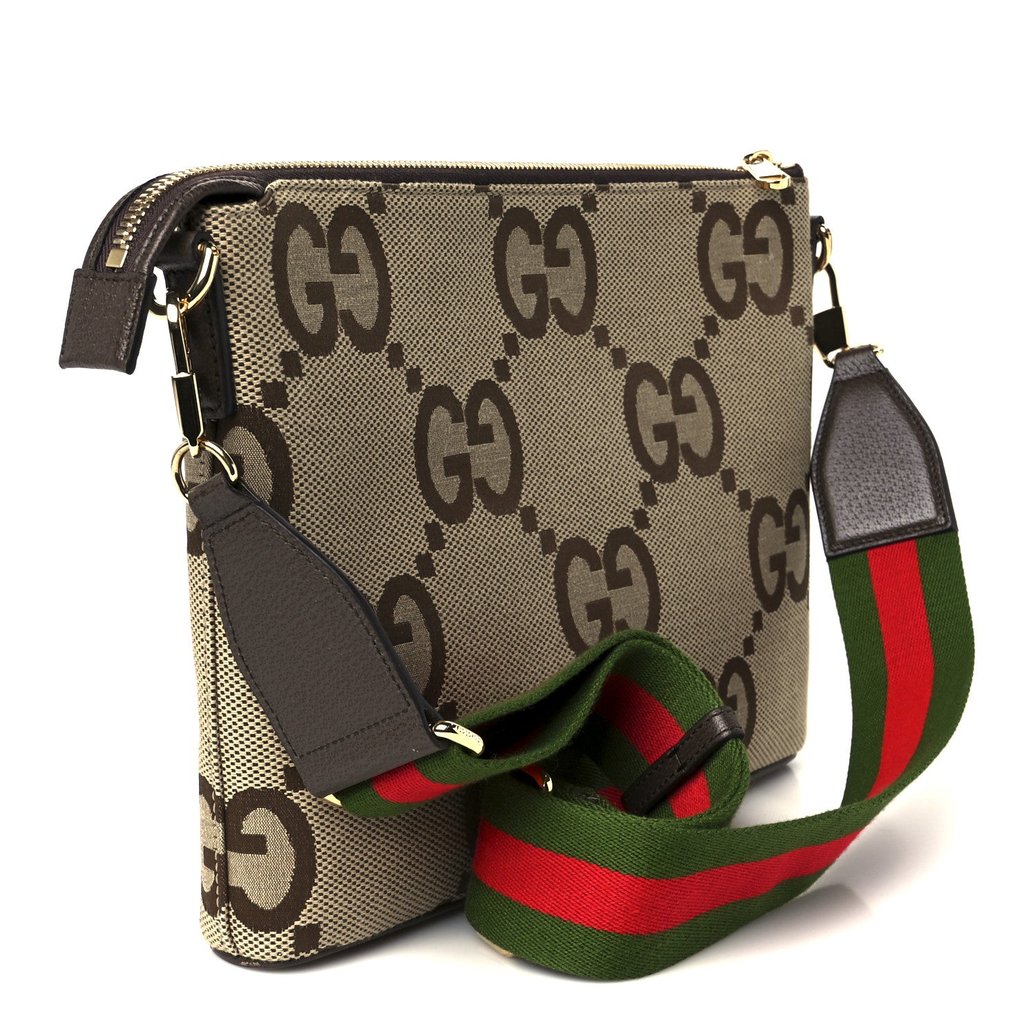 Gucci Monogram Jumbo GG Textured Dollar Calfskin Web Wristlet Messenger Bag Camel Ebony New Acero 3 of 11
