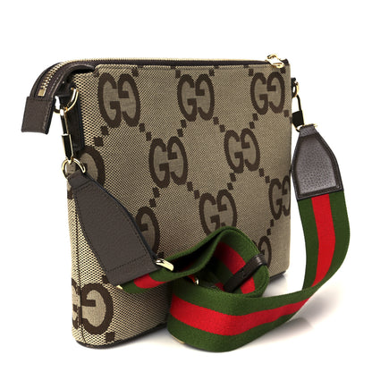 Gucci Monogram Jumbo GG Textured Dollar Calfskin Web Wristlet Messenger Bag Camel Ebony New Acero 3 of 11