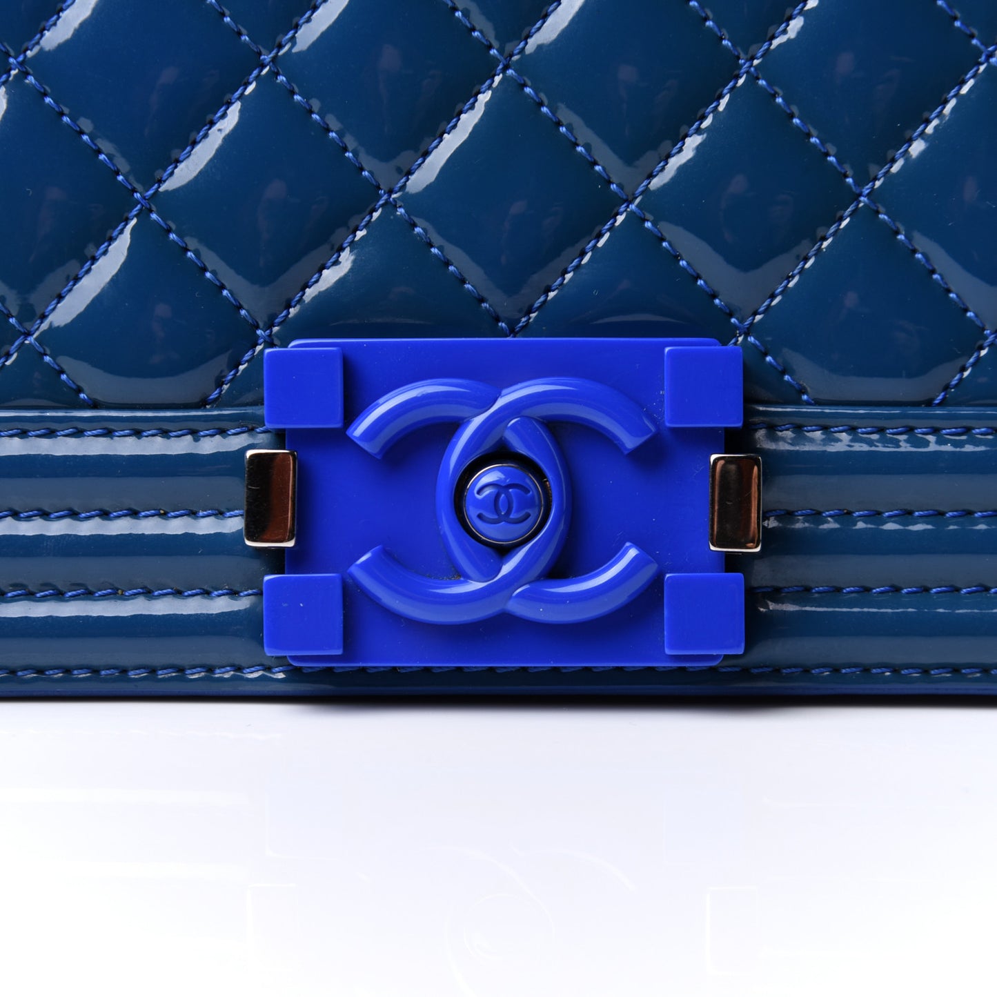 Patent Calfskin Quilted Medium Plexiglass Boy Flap Blue