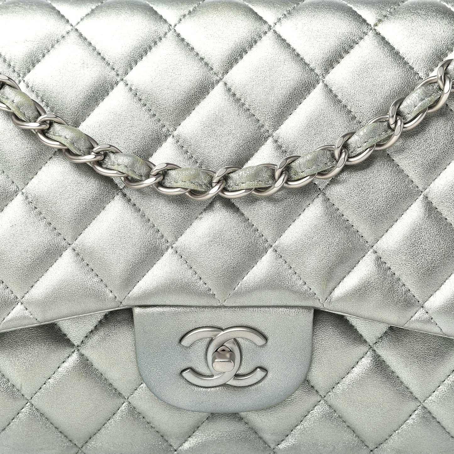 Metallic Lambskin Quilted Jumbo Double Flap Green