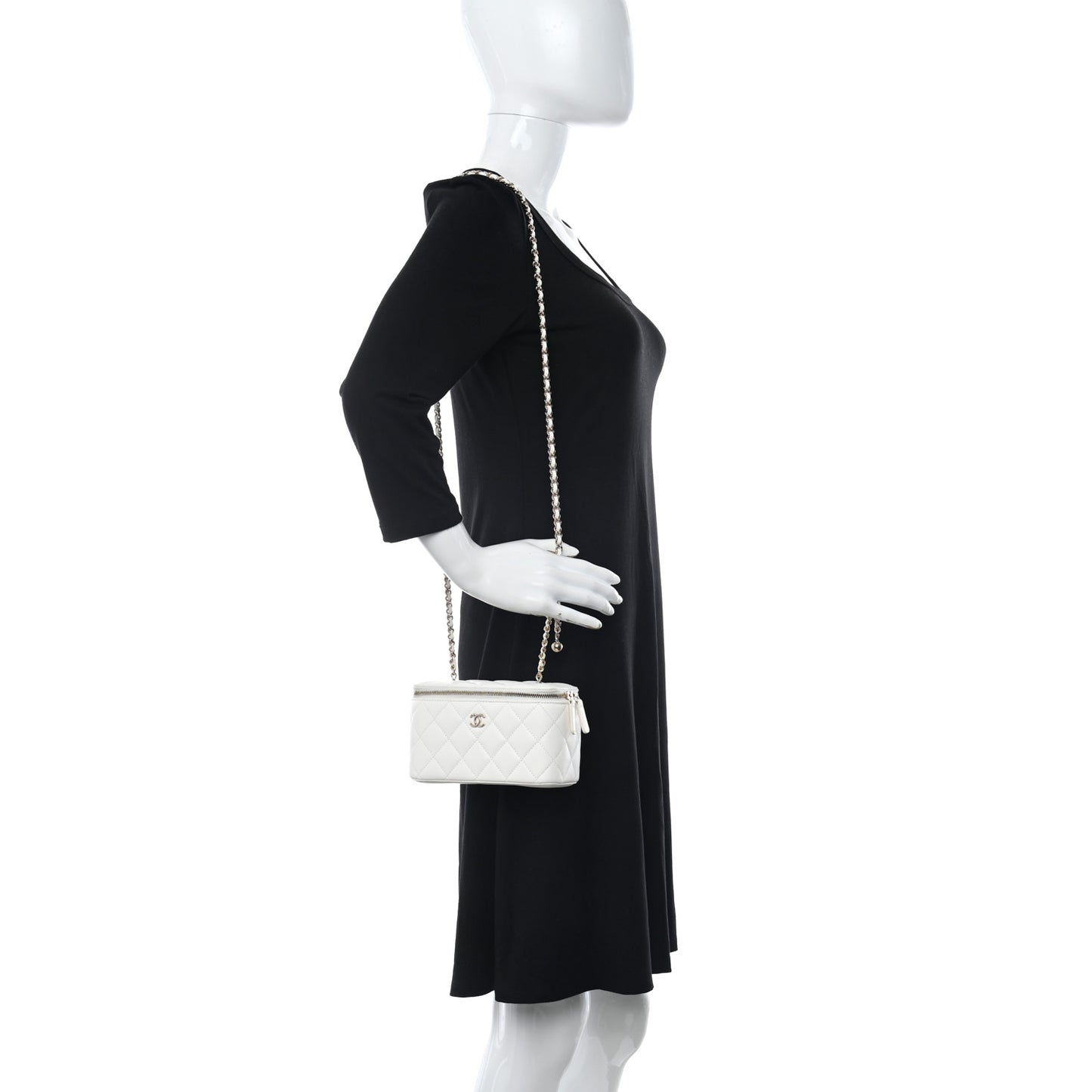 Lambskin Quilted Enamel CC Pearl Crush Small Vanity Case With Chain White