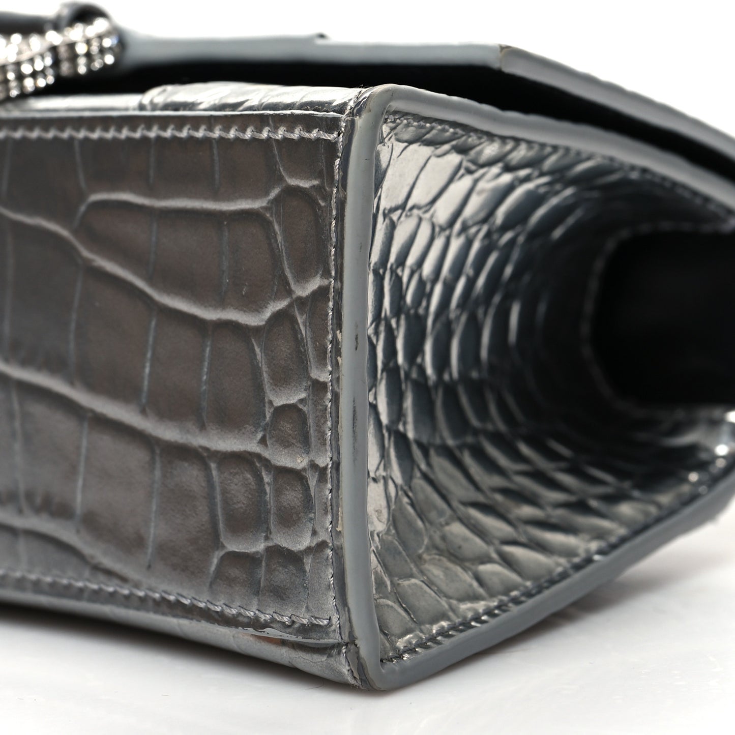 Metallic Calfskin Crocodile Embossed Crystal Hourglass Top Handle Bag XS Silver