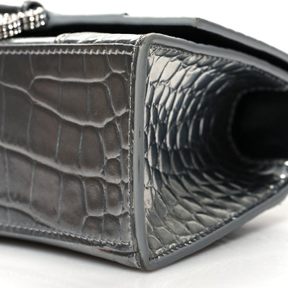 Balenciaga Metallic Calfskin Crocodile Embossed Crystal Hourglass Top Handle Bag XS Silver 10 of 12