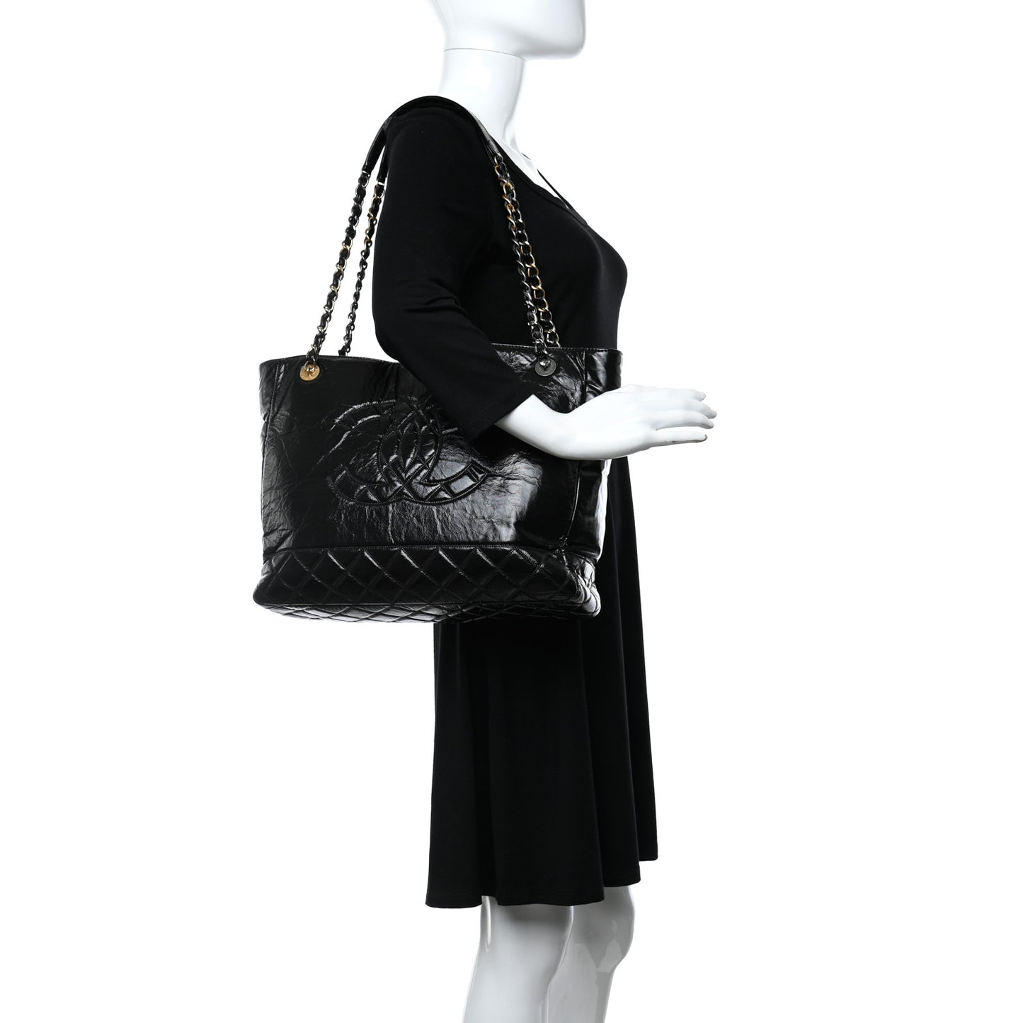 Shiny Aged Calfskin Quilted Large Shopping Bag Black