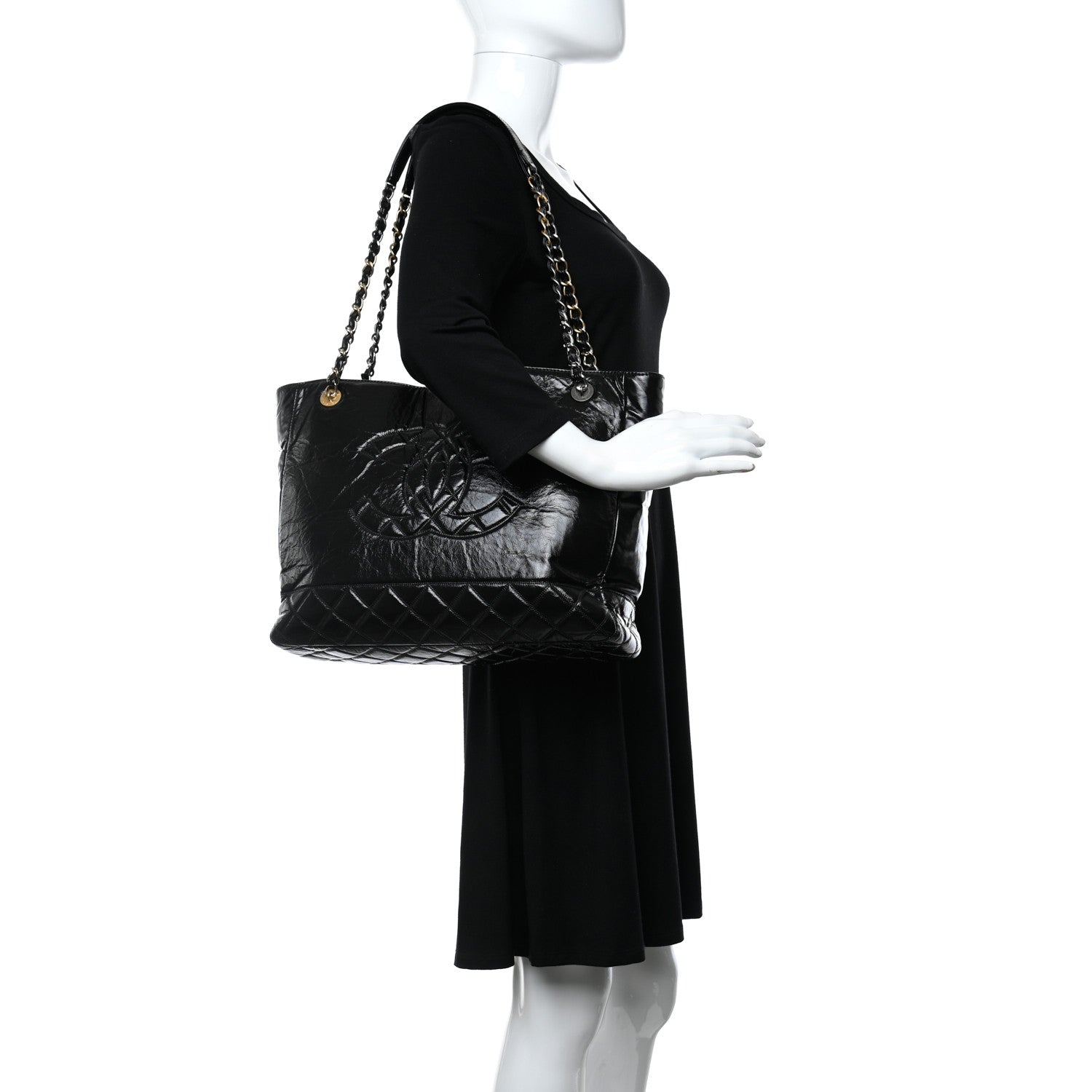 Chanel Shiny Aged Calfskin Quilted Large Shopping Bag Black 2 of 10