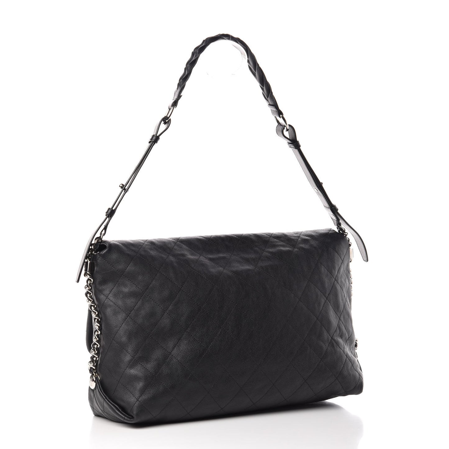 Grained Calfskin Stitched Large Braided With Style Flap Black