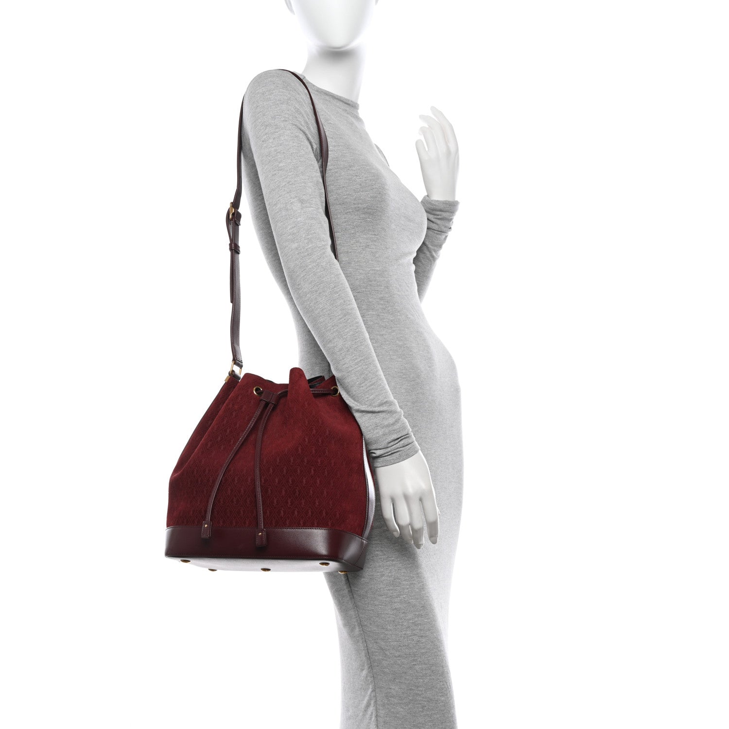 Saint Laurent Suede All-Over Monogram Bucket Bag Burgundy 2 of 10