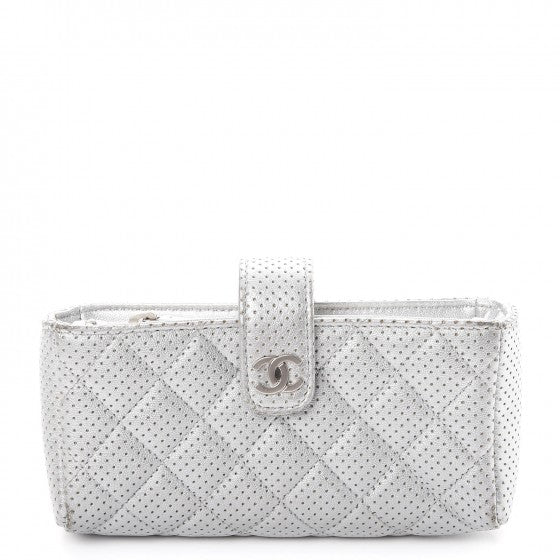 Perforated Lambskin Quilted Mini Phone Holder Clutch Silver
