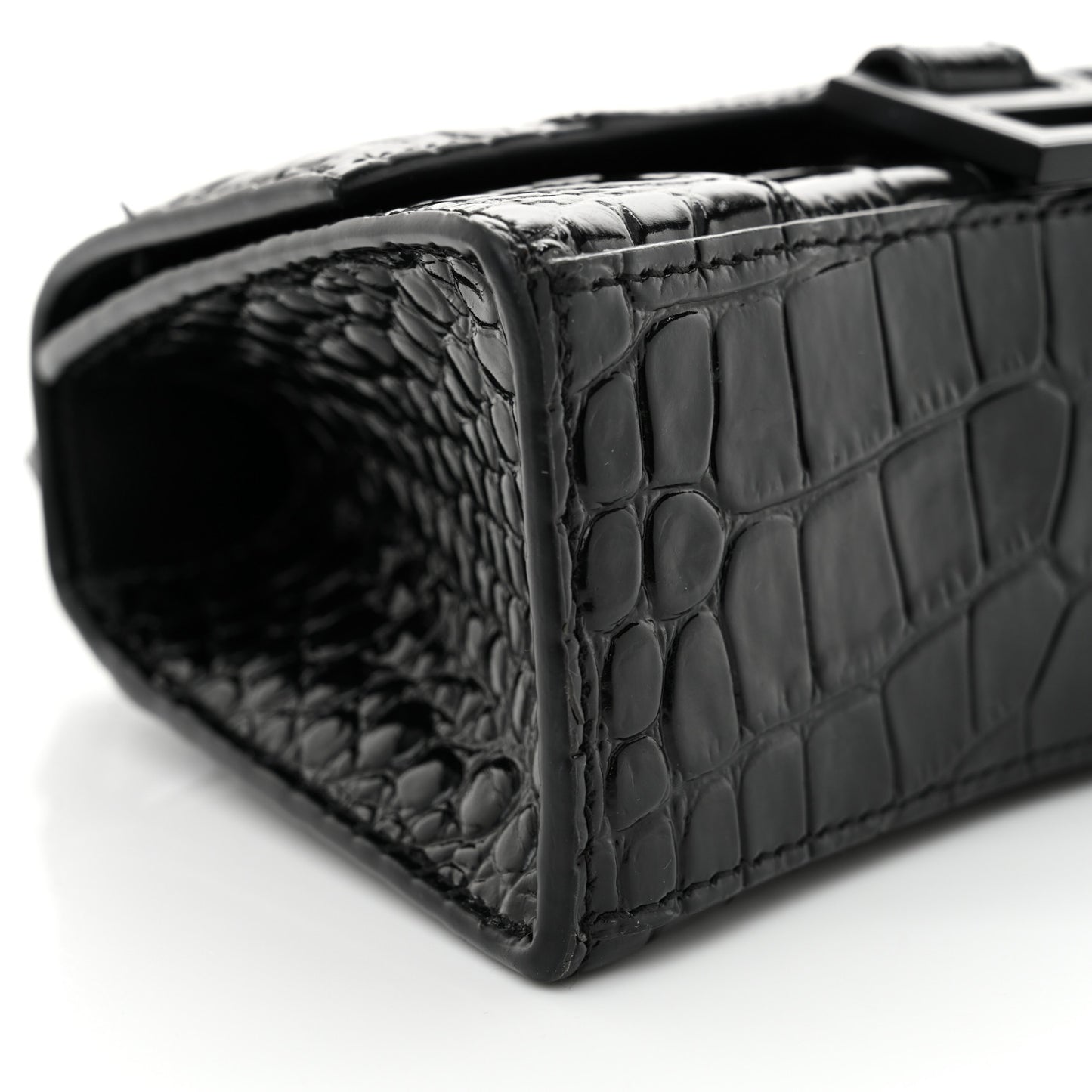 Shiny Calfskin Monochrome Crocodile Embossed Hourglass Top Handle Bag XS Black