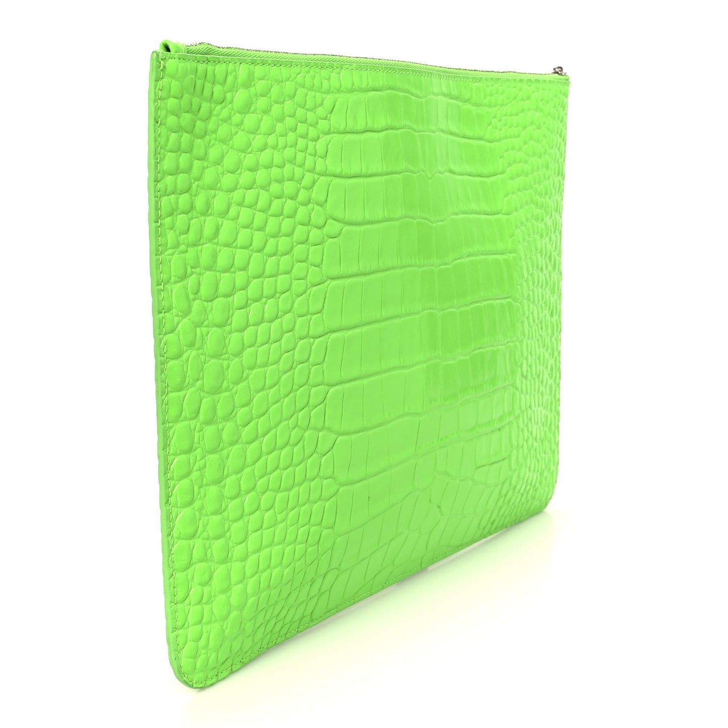Shiny Calfskin Crocodile Embossed Logo Large Cash Pouch With Handle Fluo Green