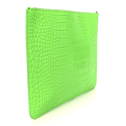 Balenciaga Shiny Calfskin Crocodile Embossed Logo Large Cash Pouch With Handle Fluo Green 3 of 9