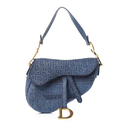 Christian Dior Oblique Embroidered Saddle Bag Denim Blue 1 of 10