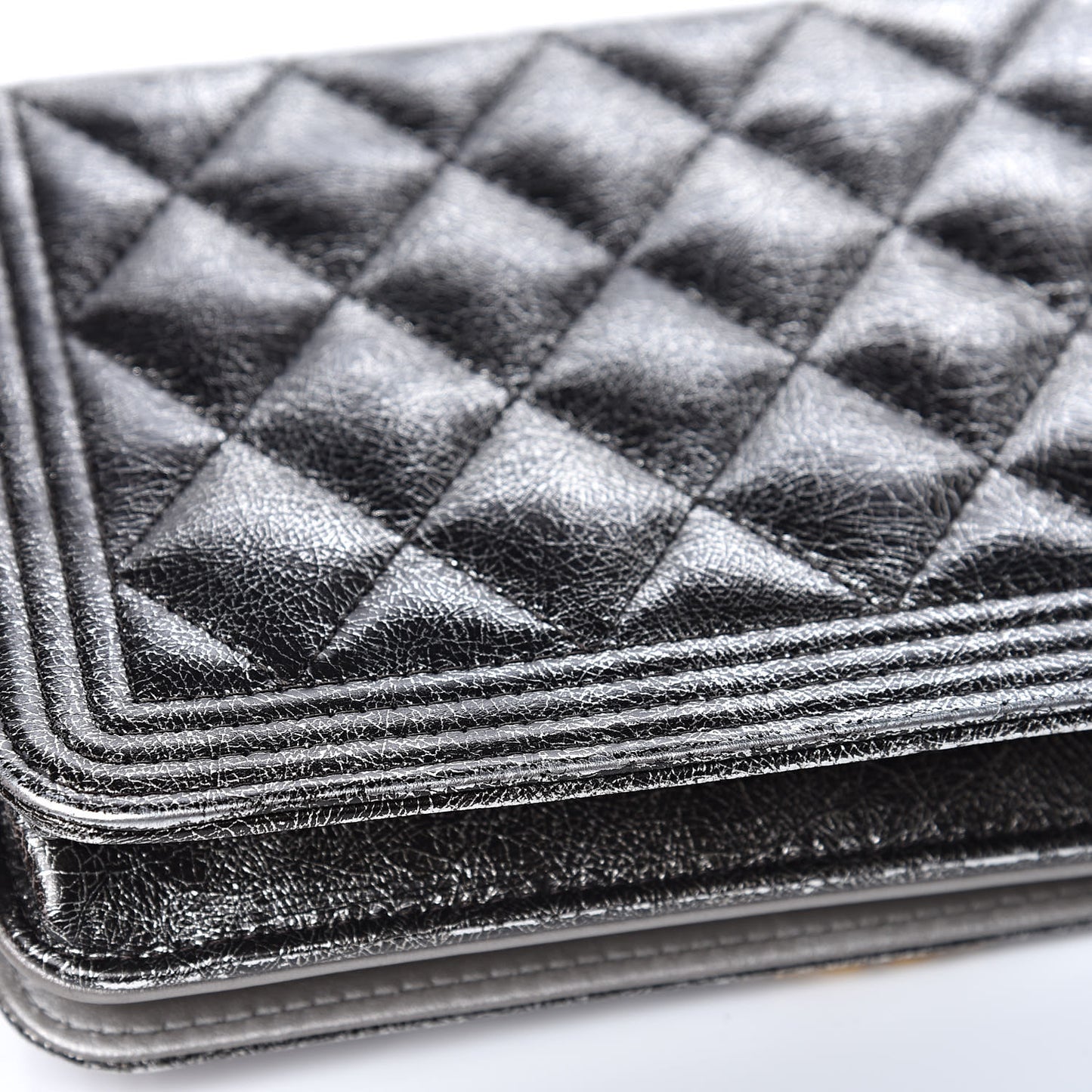 Cracked Metallic Calfskin Quilted Boy Wallet On Chain WOC Dark Silver