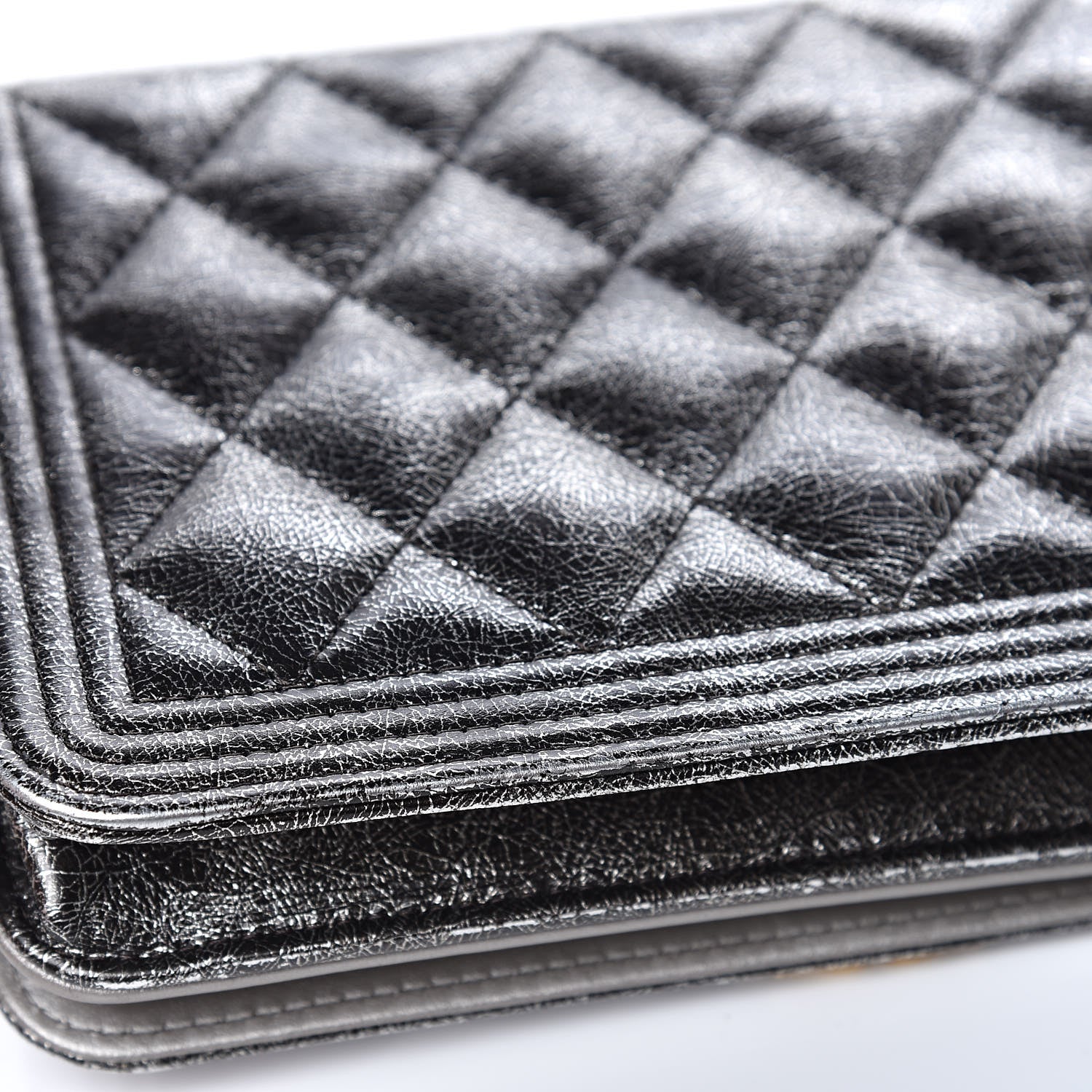 Chanel Cracked Metallic Calfskin Quilted Boy Wallet On Chain WOC Dark Silver 15 of 18