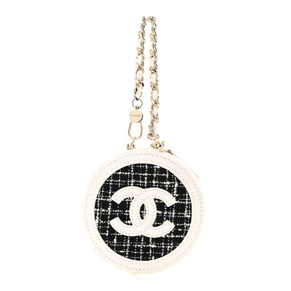 Chanel Tweed Quilted Round Filigree Pouch With Chain White Black 1 of 7