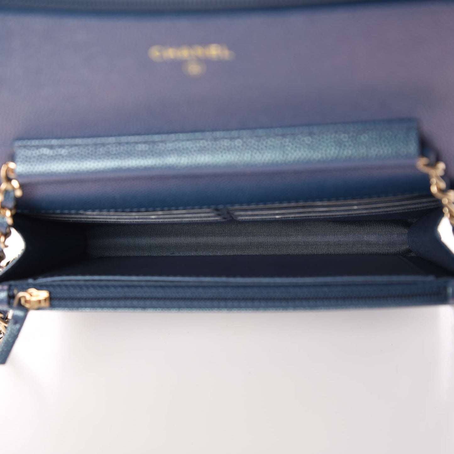Iridescent Caviar Quilted Wallet On Chain WOC Dark Blue