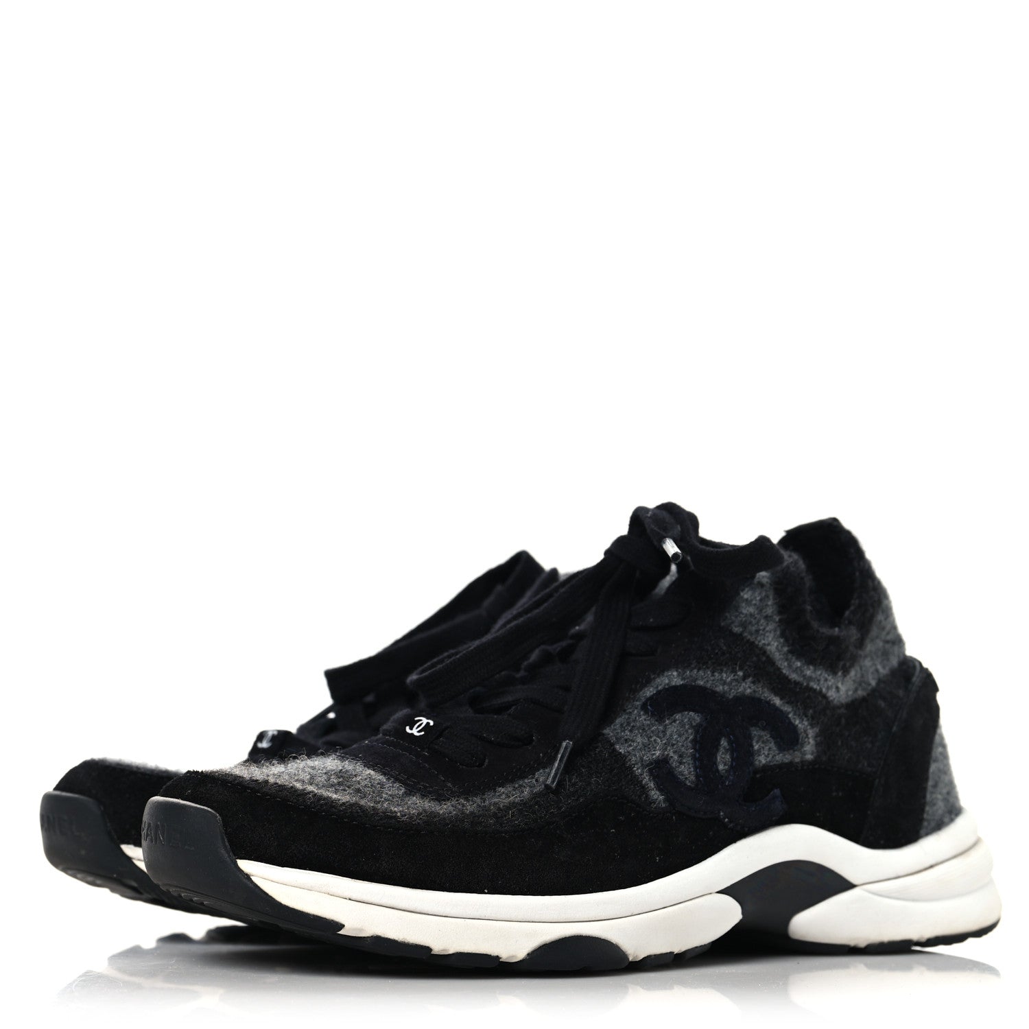 Chanel Knit Fabric Suede Calfskin Womens CC Sneakers 38.5 Black Grey 4 of 8
