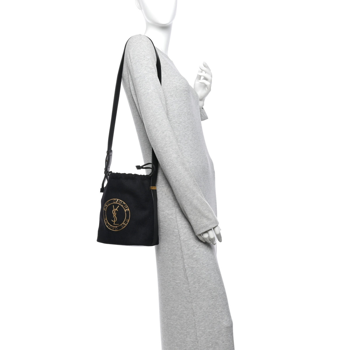 Wool Calfskin Rive Gauche Bucket Bag Black Gold