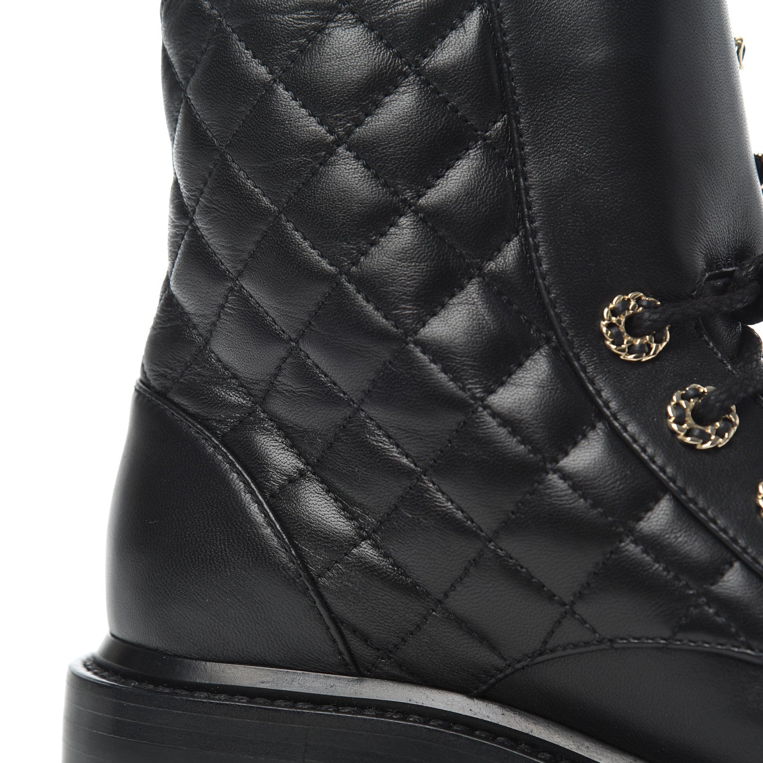 Chanel Shiny Lambskin Quilted Lace Up Combat Boots 37.5 Black 11 of 13