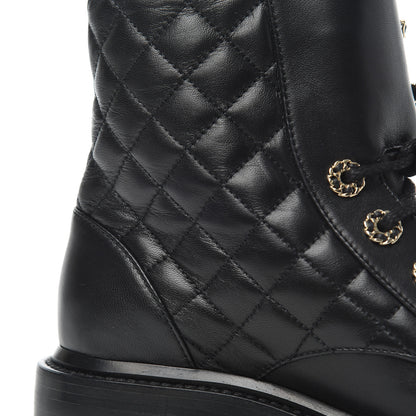 Chanel Shiny Lambskin Quilted Lace Up Combat Boots 37.5 Black 11 of 13