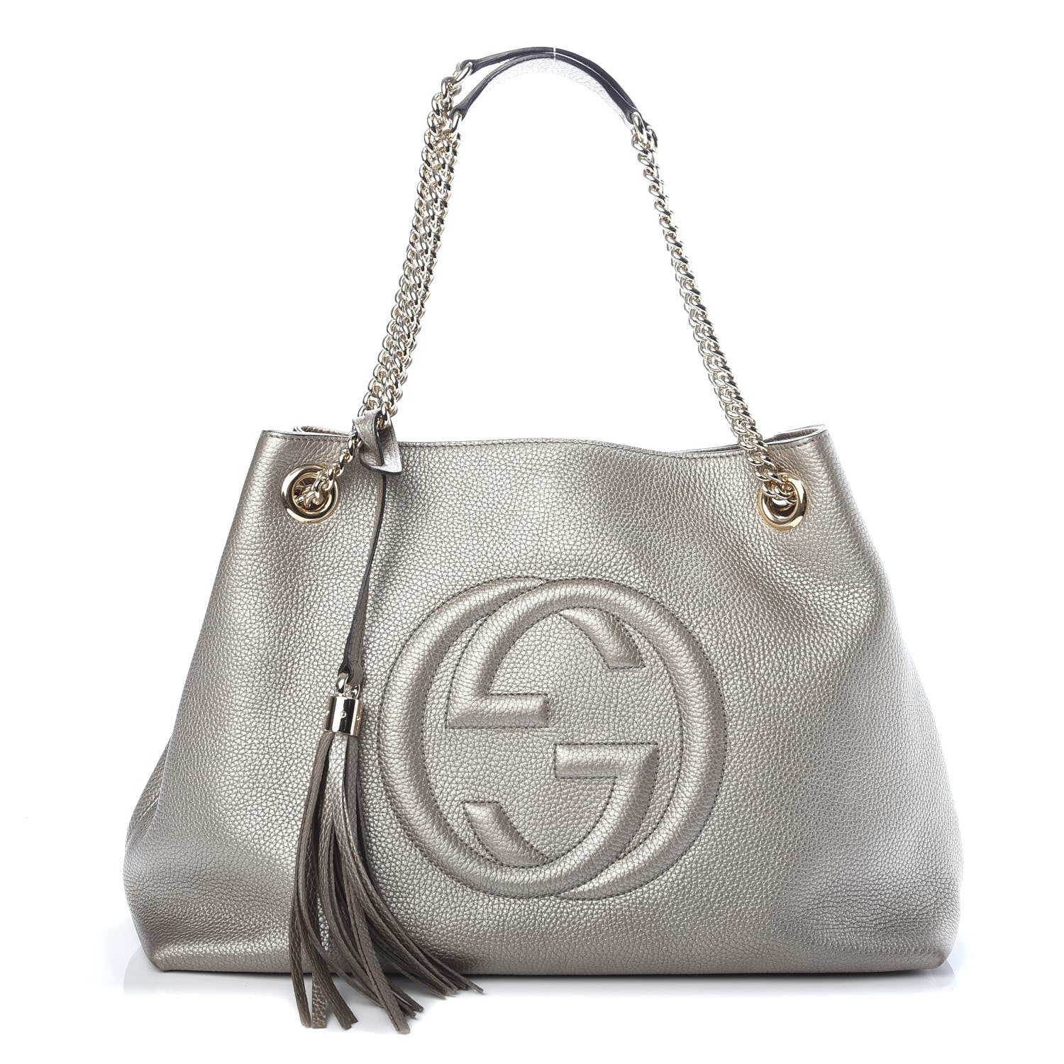 Gucci Metallic Pebbled Calfskin Medium Soho Chain Shoulder Bag Golden Beige 1 of 10