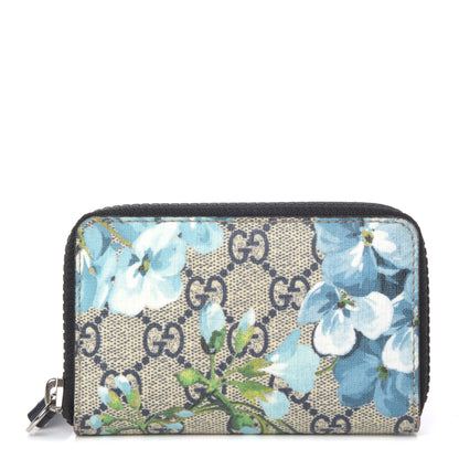 Gucci GG Supreme Monogram Blooms Zip Around Card Case Wallet Beige Blue Navy 1 of 10