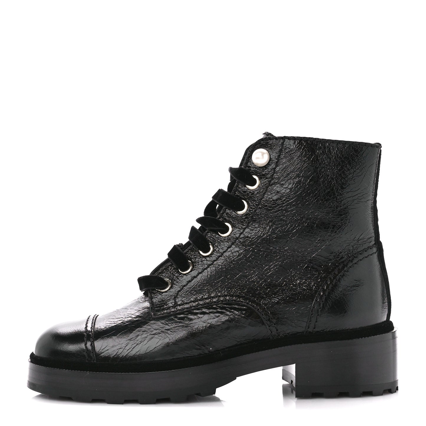 Shiny Calfskin Velvet Pearl Combat Short Boots 36.5 Black