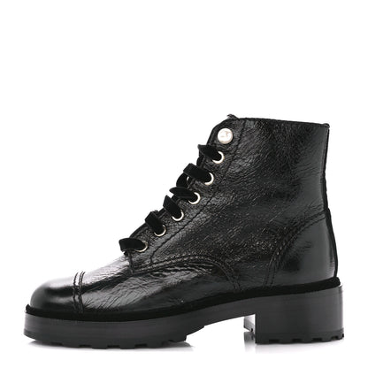 Chanel Shiny Calfskin Velvet Pearl Combat Short Boots 36.5 Black 1 of 9